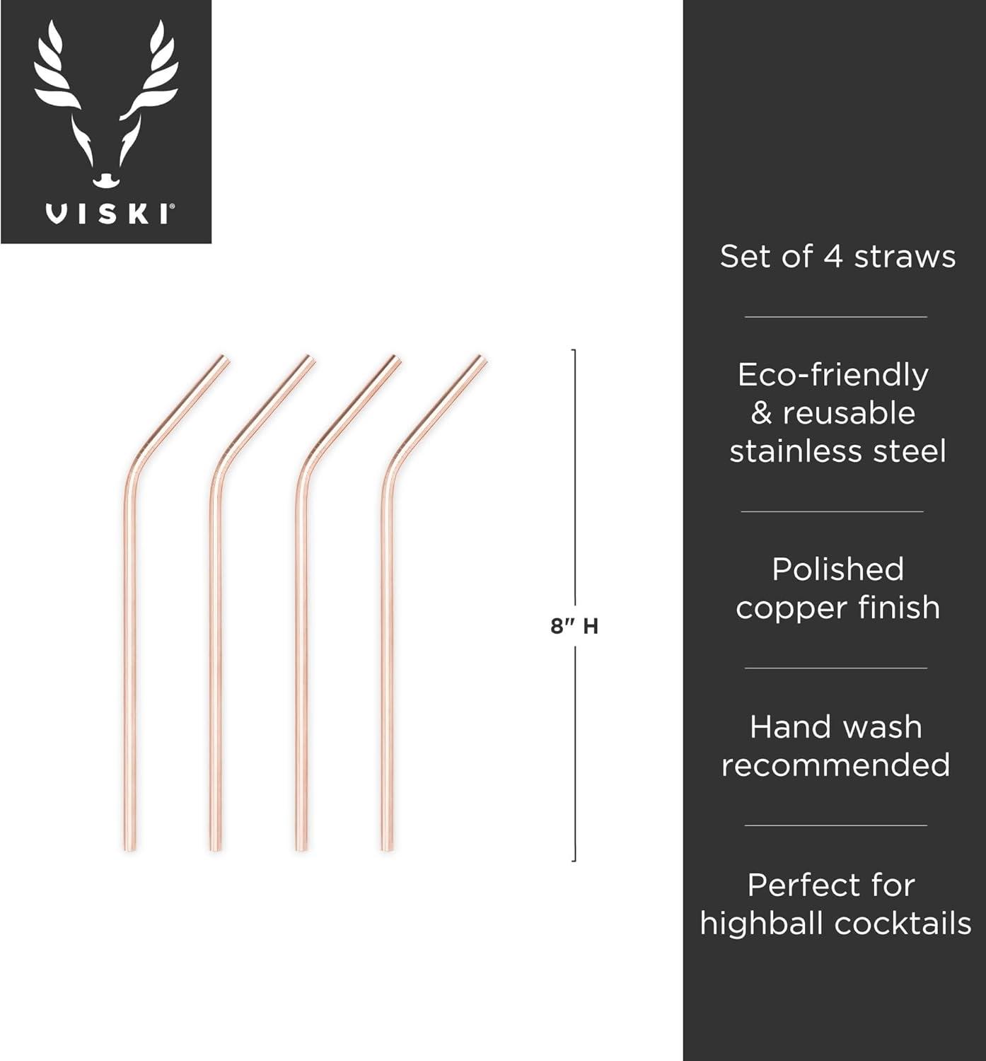 8 Inch Copper Stainless Steel Reusable Cocktail Straws, Set of 4