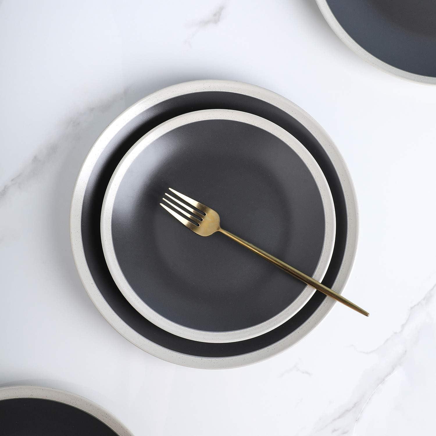 Stone Lain Serenity Stoneware Dish Set, 4 Dinner Plates, Dark Gray and Cream