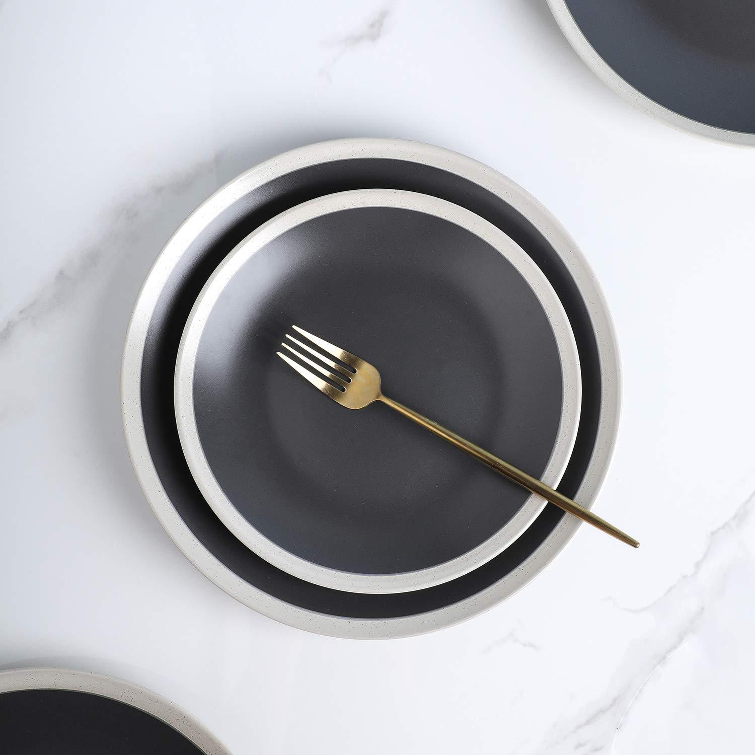 Stone Lain Serenity Stoneware Dish Set, 4 Dinner Plates, Dark Gray and Cream