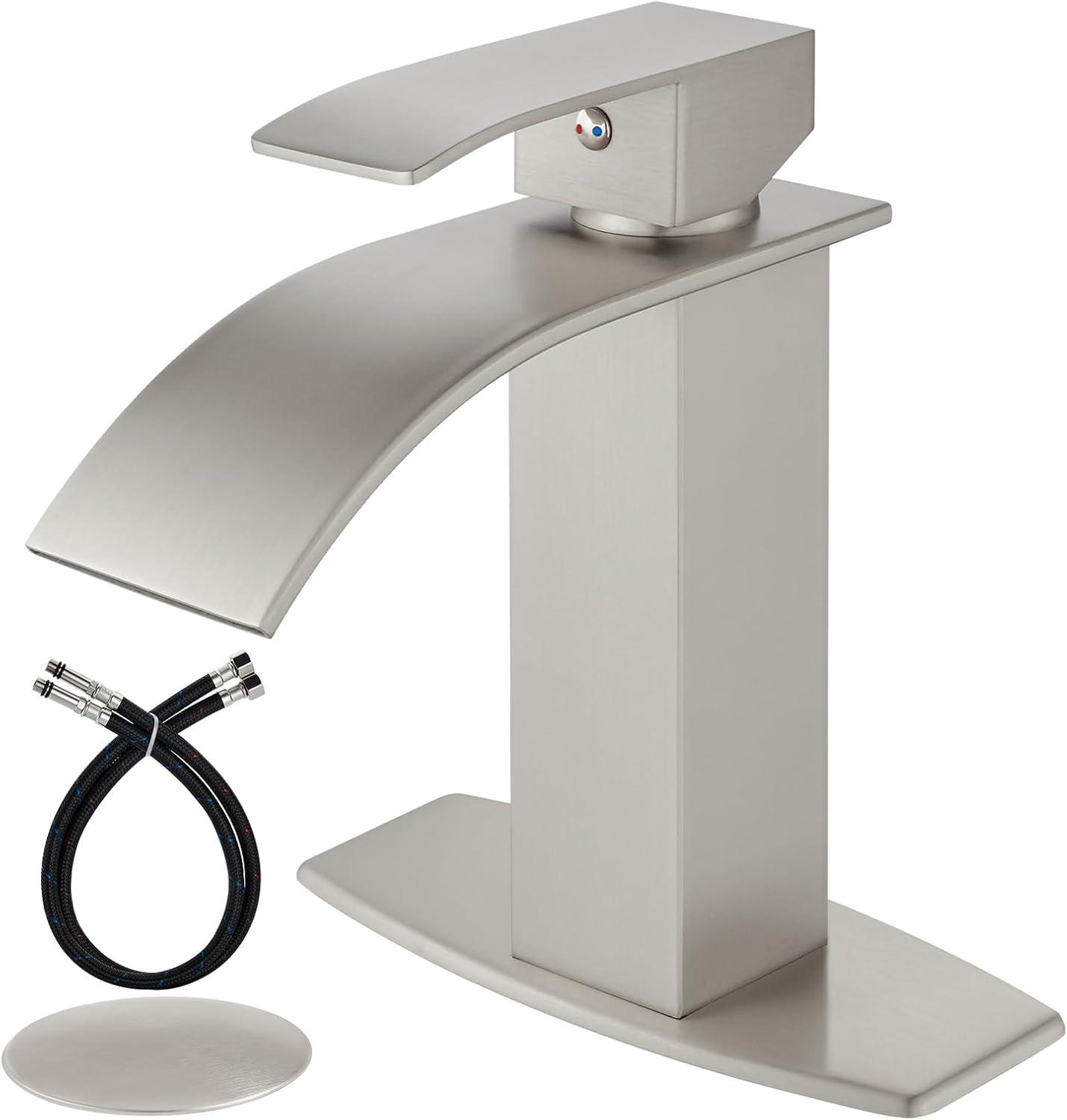 Waterfall Single Handle Bathroom Vanity Sink Faucet with Metal Pop-up Drain, Brushed Nickel Finish
