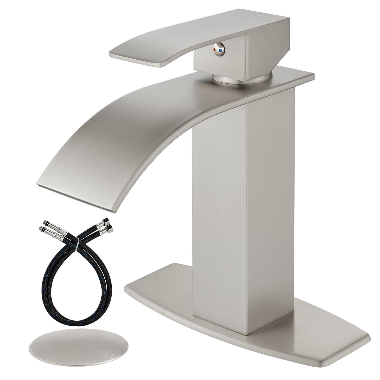 Waterfall Single Handle Bathroom Vanity Sink Faucet with Metal Pop-up Drain, Brushed Nickel Finish