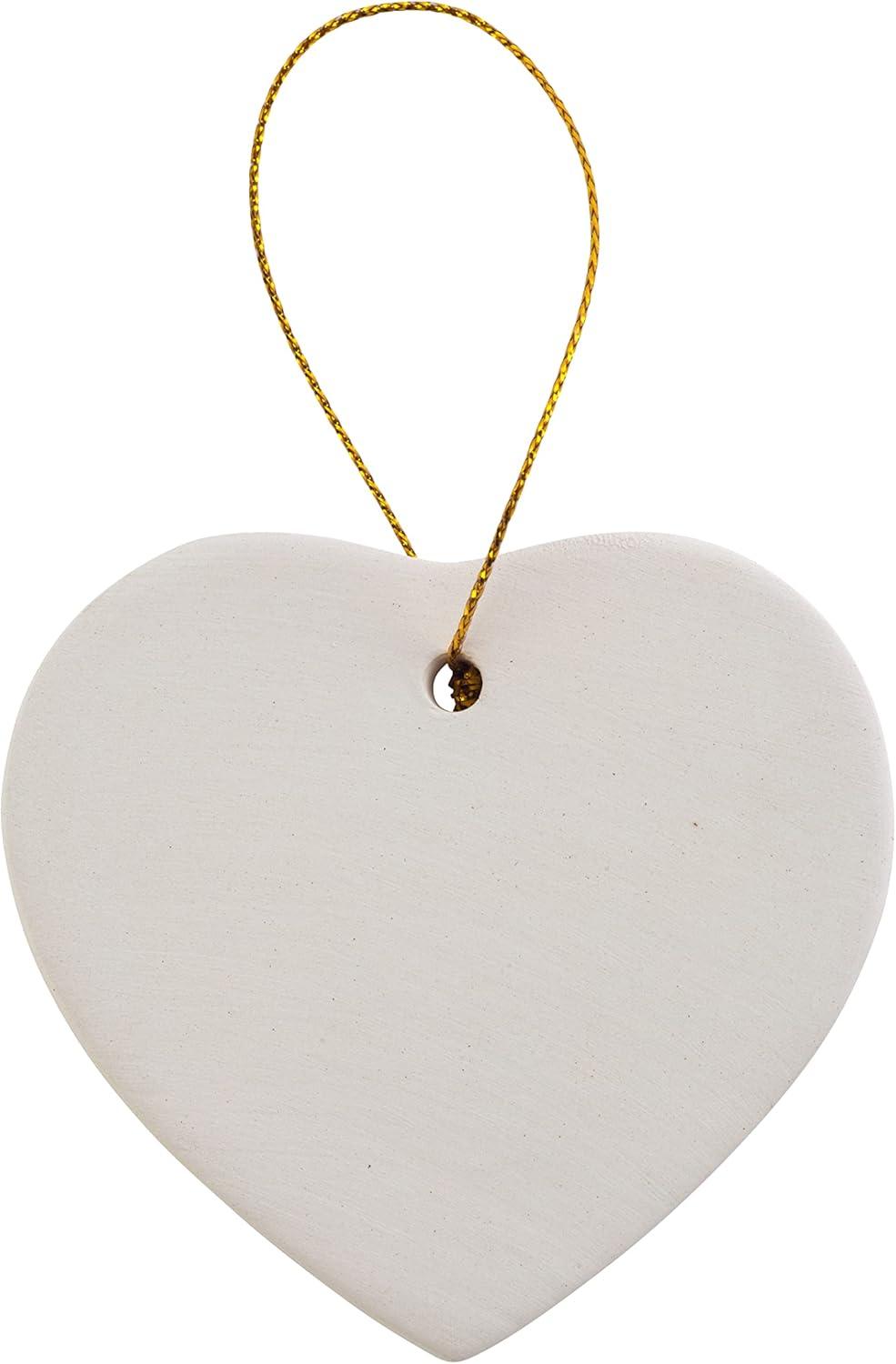 Ready to Paint DIY Ceramic Bisque Heart Ornaments with Hanger for Christmas Tree and Holiday Decoration | 12 Pack