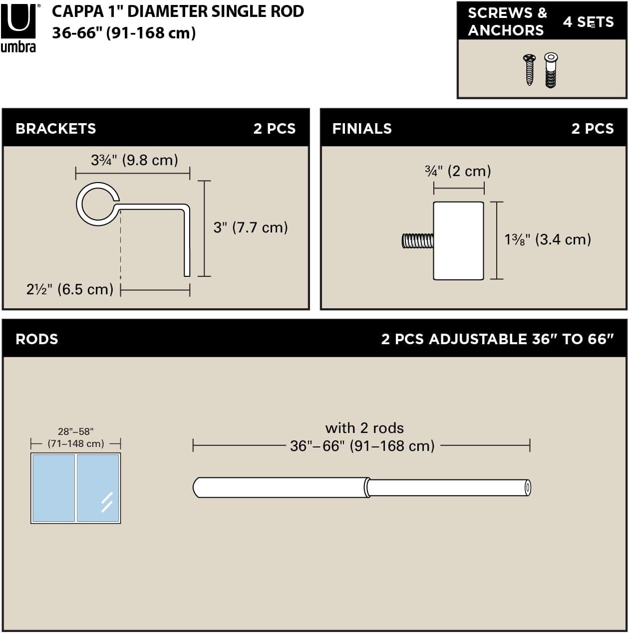 Porta Curtain Rod - Nickel / 36"-66"