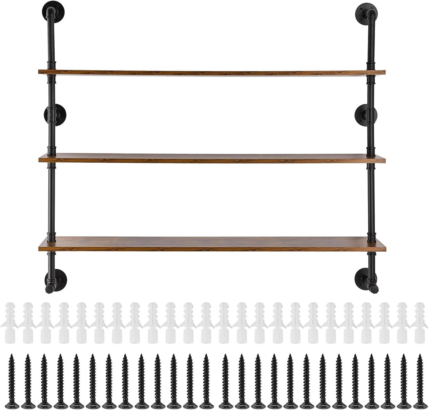 VEVOR Industrial Pipe Shelf, 3 Tier 48x9.84in, Wall-Mount Floating Rustic Wood Shelves Bracket Display Bookshelf, Storage Rack Sundries Holder for Kitchen Bedroom Bathroom Living Room, Black
