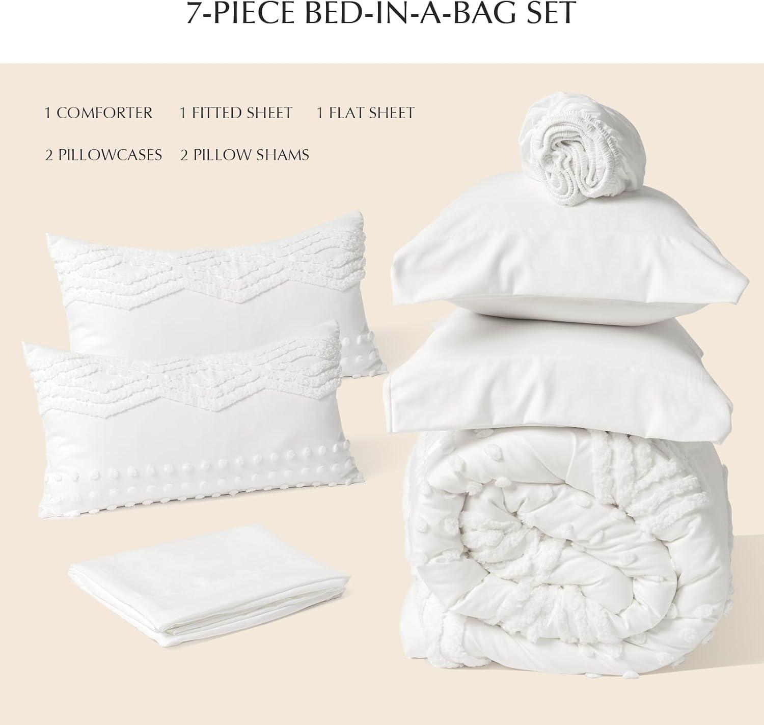 EVERGRACE King Size Comforter Set 7 Pieces Bed in a Bag for College Dorm, White Tufted Shabby Chic Boho Comforter and Sheet Set with Pom Pom Textured, Soft Fluffy Farmhouse Complete Bedding Set