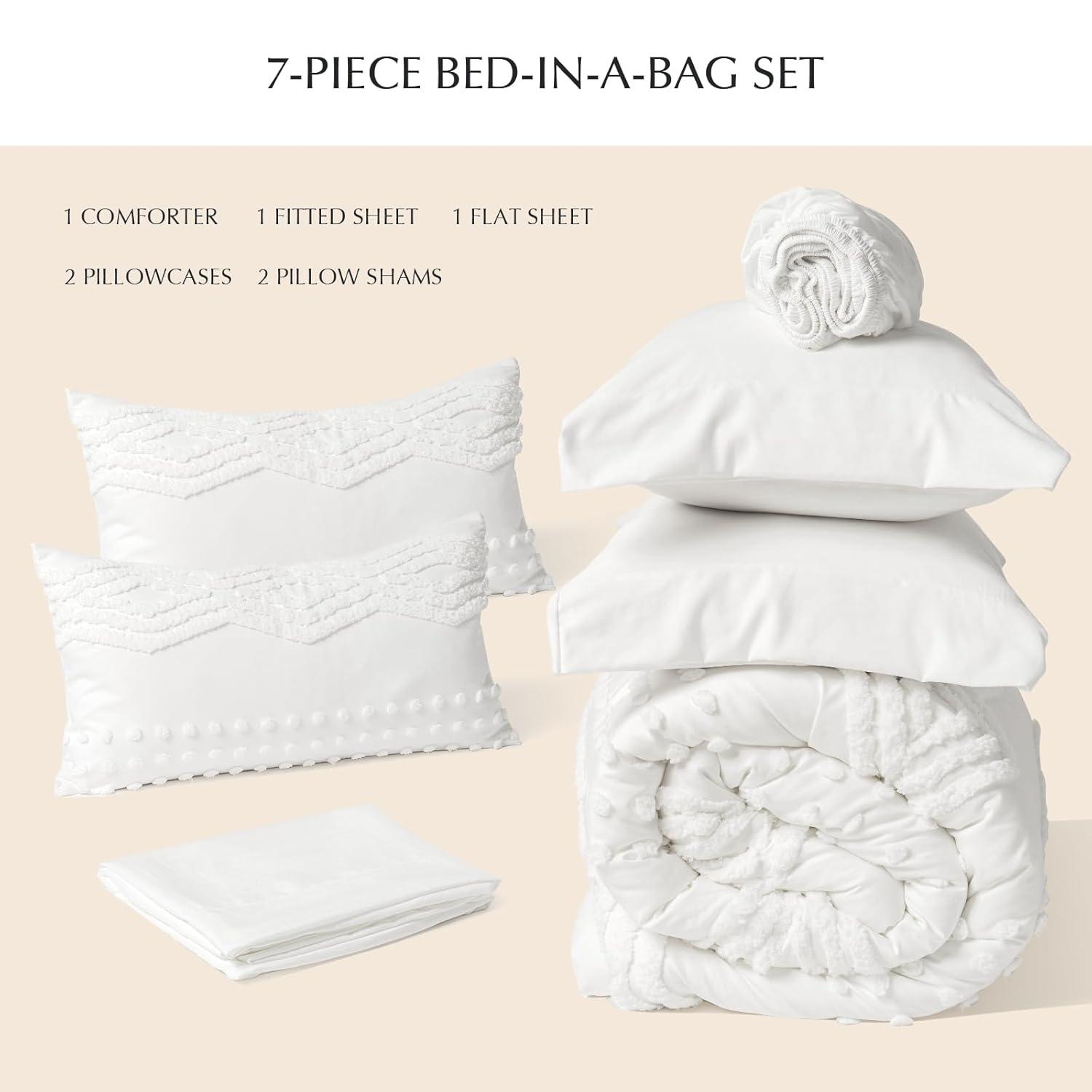 WURUIBO Tufted Shabby Chic 7 Piece Comforter Set - King Size, Soft Microfiber Boho Farmhouse Bedding - Green Jacquard Comforter, Sheets and Bedding Set for All Season