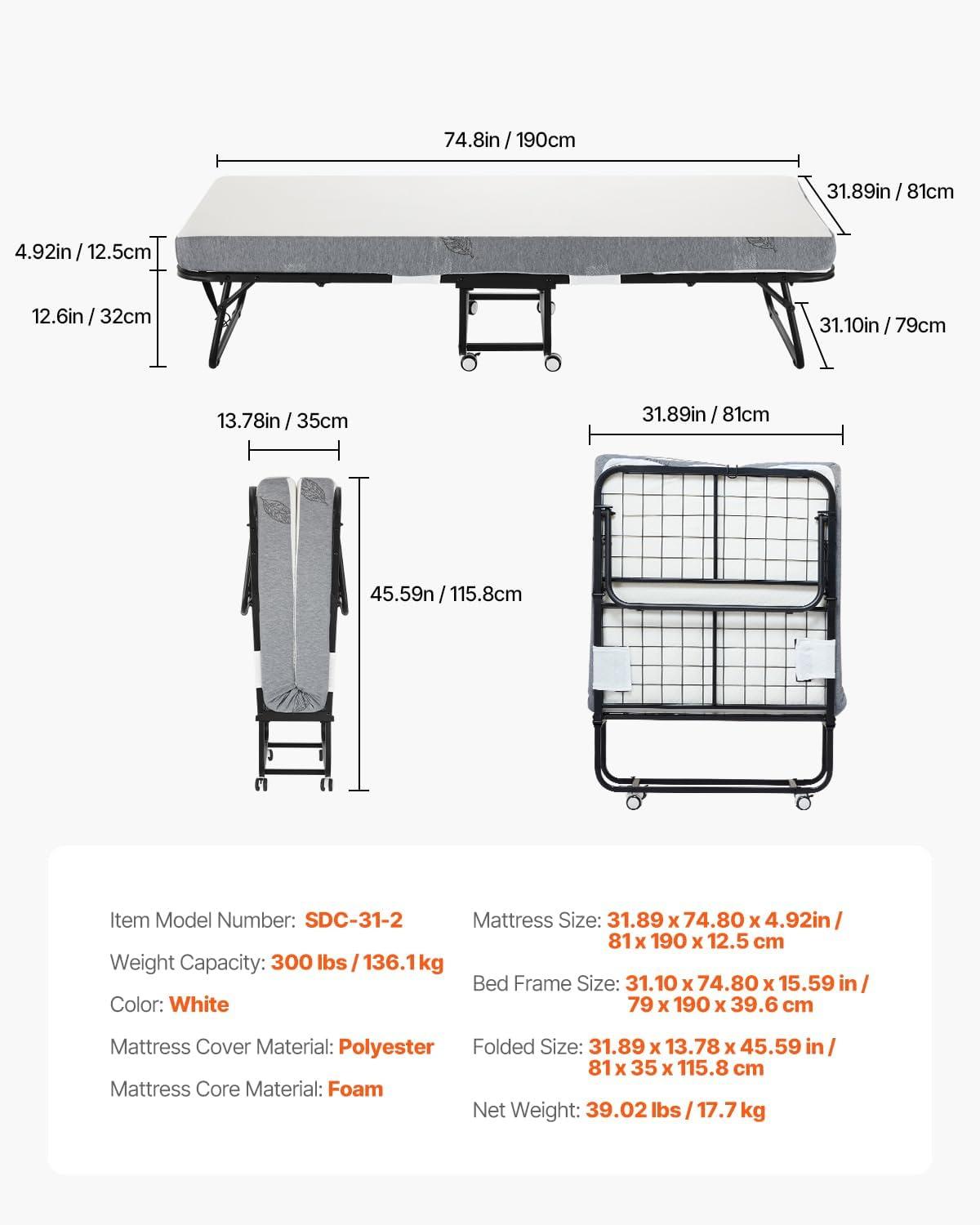 VEVOR Rollaway Bed, 31 in x 75 in Folding Bed with 5 in Mattress, Twin Size Foldable Bed with Sturdy Metal Frame & Memory Foam Mattress, Portable Twin Roll Away Bed with Mattress, for Adults, Guest