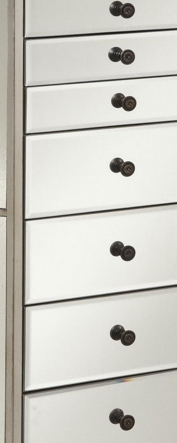 Linon Mason Mirrored 7 Drawer Flip Top Side Storage Jewelry Armoire in Silver