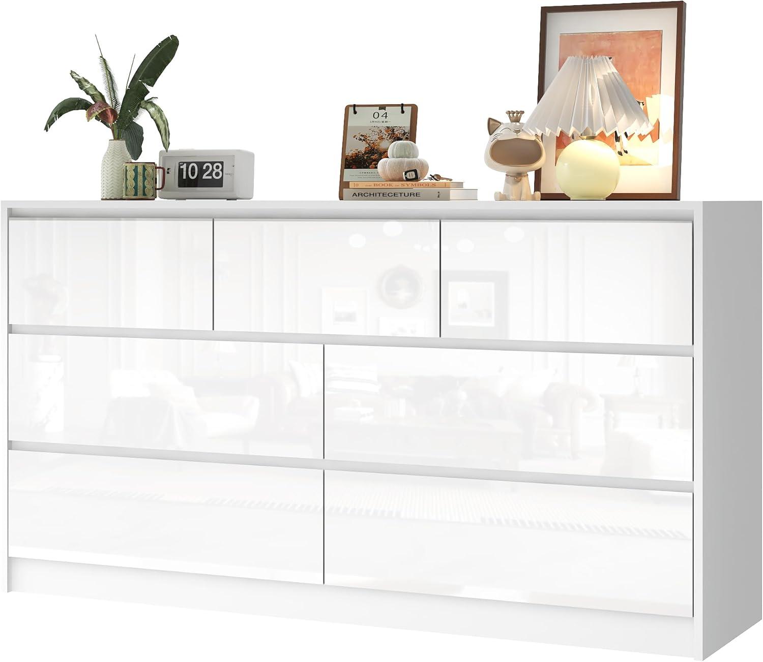 Ebern Designs White Dresser for Bedroom with 7 Drawers, Modern High Gloss Large Dresser with 7 Handle Free Drawers, 55 Inch Wooden Long Dresser, Storage Chest of Drawers