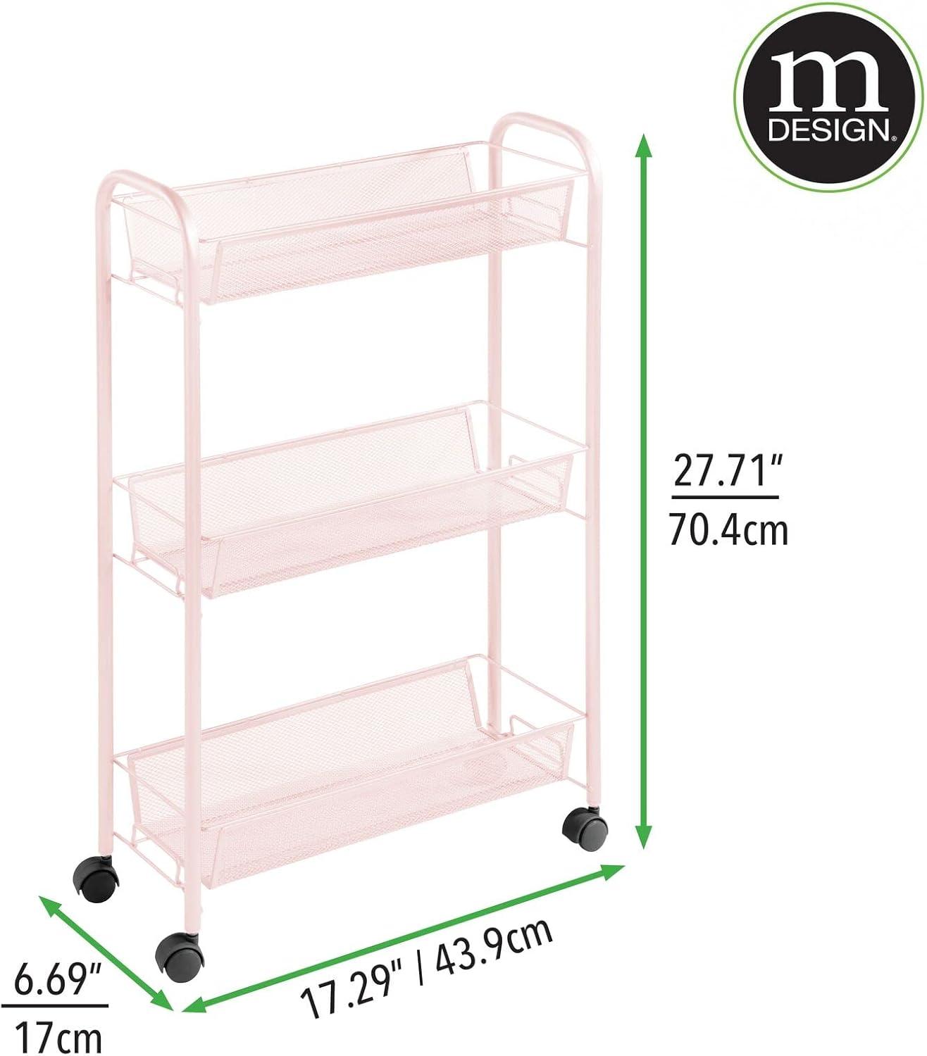 Blush Pink Steel 3-Tier Rolling Laundry Cart with Shelves