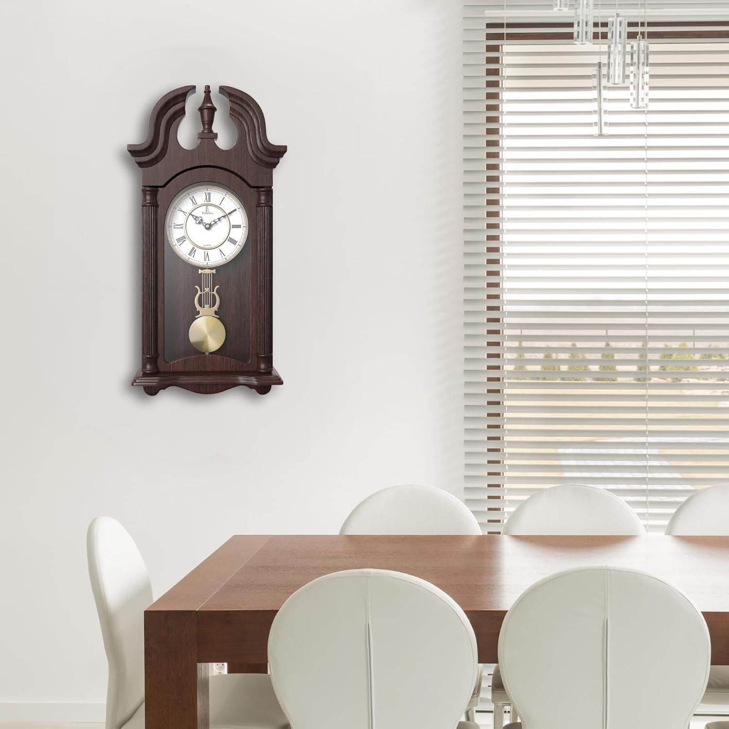 Dark Brown Wooden Pendulum Wall Clock with Glass Front