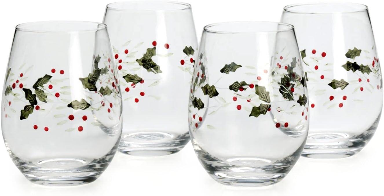 Winterberry Patterned Stemless Christmas Wine Glasses Set of 4