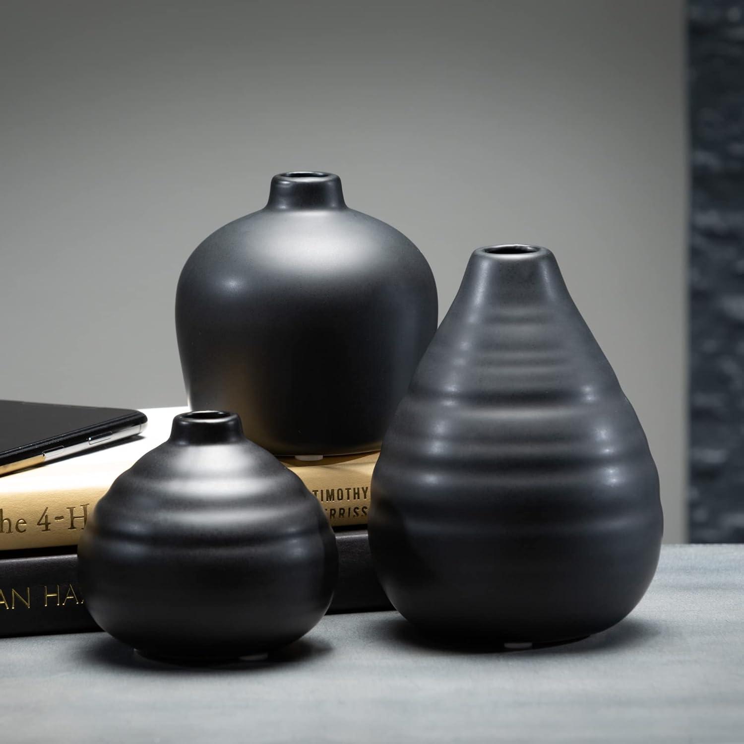 Matte Black Ceramic Bud Vase Trio, 9" x 6.5" Modern Home Decor