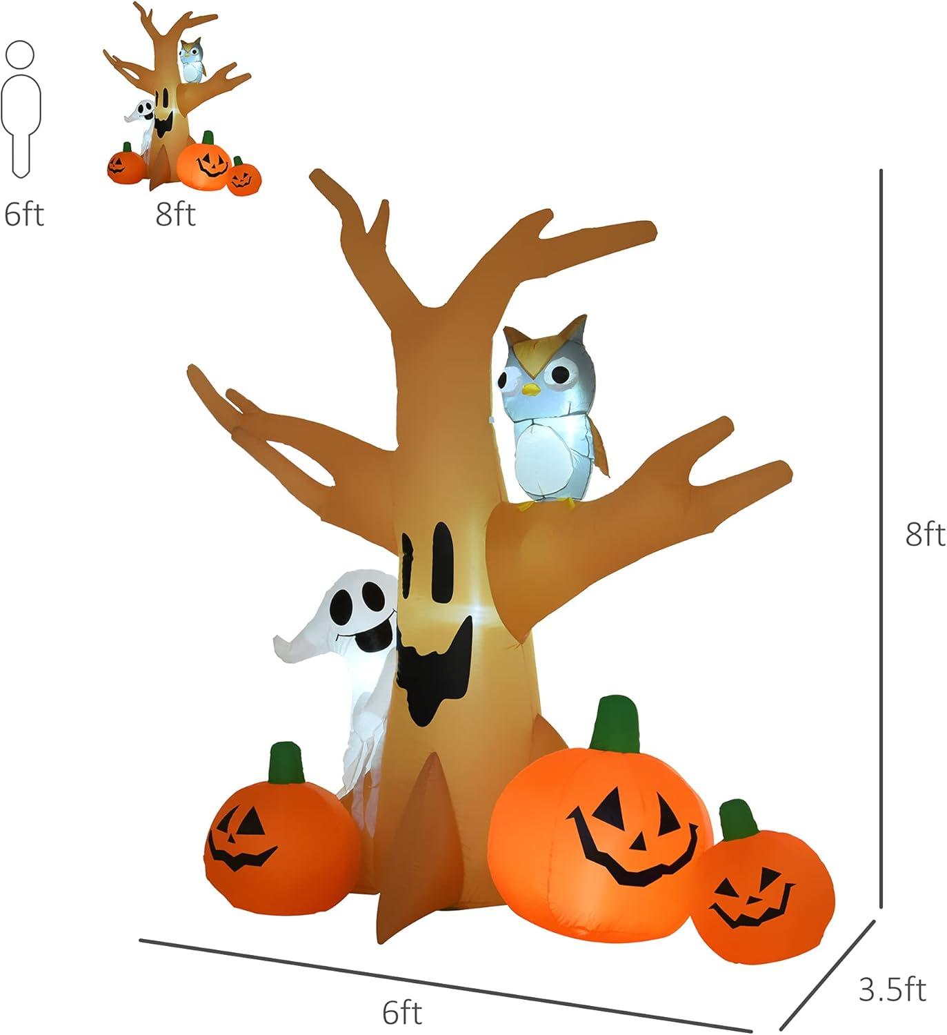 HOMCOM 7.5' Tall Lighted Inflatable Cute Halloween Decoration, Haunted Tree With Owl, Ghost, Pumpkins, Blow Up Outdoor LED Yard Display, Waterproof