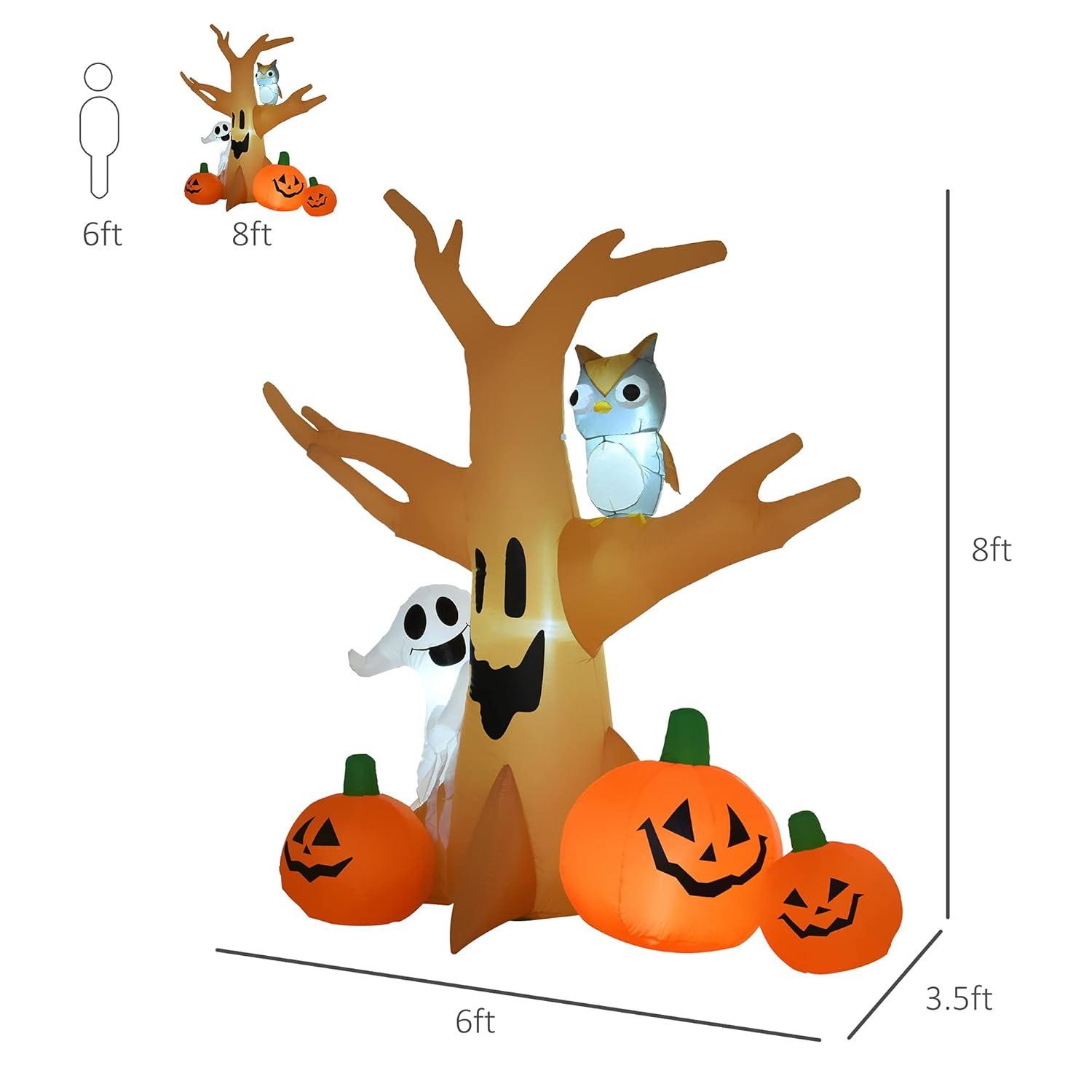HOMCOM 7.5' Tall Lighted Inflatable Cute Halloween Decoration, Haunted Tree With Owl, Ghost, Pumpkins, Blow Up Outdoor LED Yard Display, Waterproof