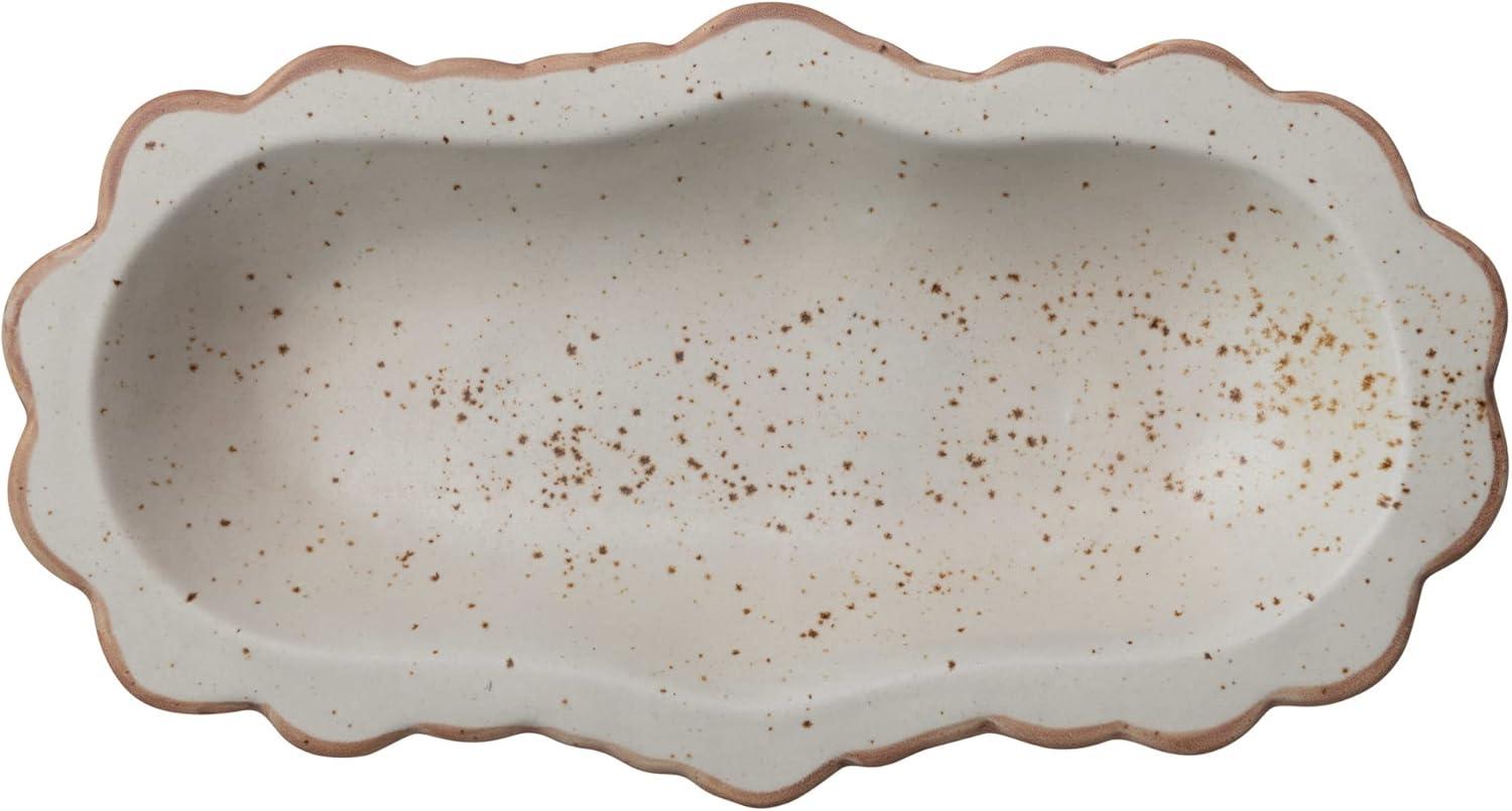 Ivory and Brown Speckled Ceramic Scalloped Oval Platter