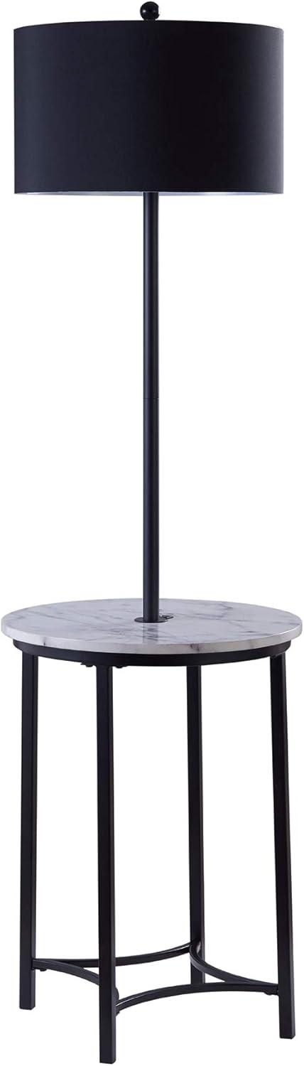 Black Metal Floor Lamp with Faux Marble Table and USB Port