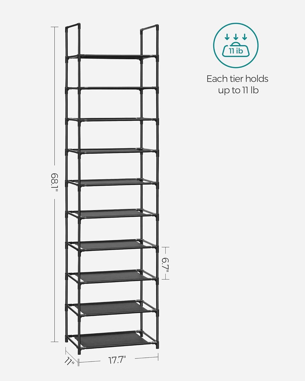 Shoe Rack, 10 Tier Shoe Shelf, Shoe Storage Organizer, Space-Saving, 11 x 17.7 x 68.1 Inches, Metal Frame, Non-Woven Fabric Shelves, for Entryway, Bedroom, Black