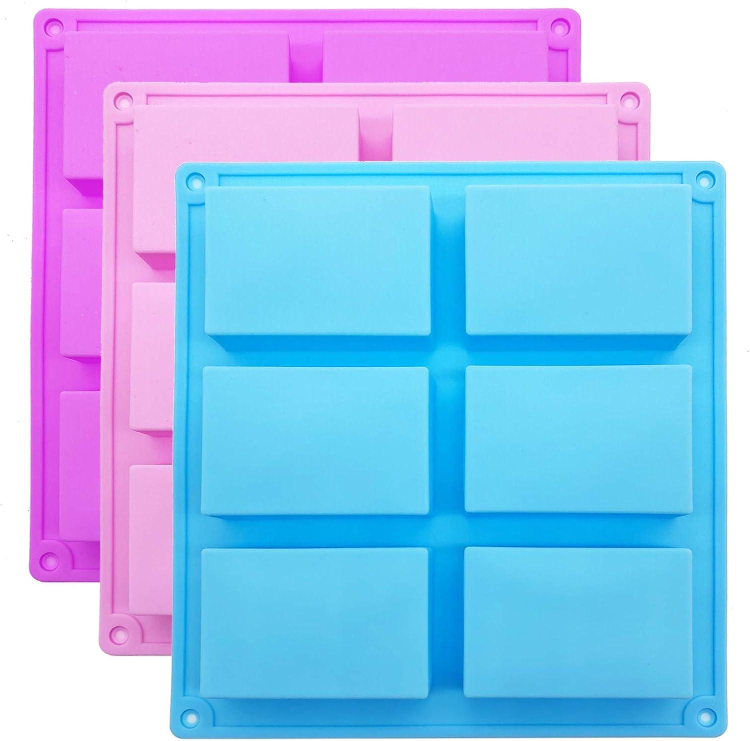 3 Pack Silicone Soap Molds, 6 Cavities Rectangle Silicone Soap Molds, Great for Homemade Craft Soap Mold, Chocolate Mold, Cake Mold ＆ Ice Cube Tray - Just Pop Out（Pink & Blue & Purple）