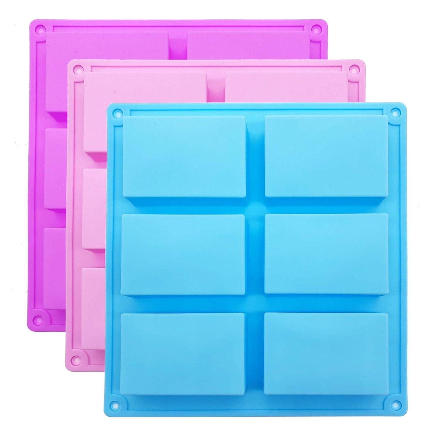 3 Pack Silicone Soap Molds, 6 Cavities Rectangle Silicone Soap Molds, Great for Homemade Craft Soap Mold, Chocolate Mold, Cake Mold & Ice Cube Tray - Just Pop Out(Pink & Blue & Purple)