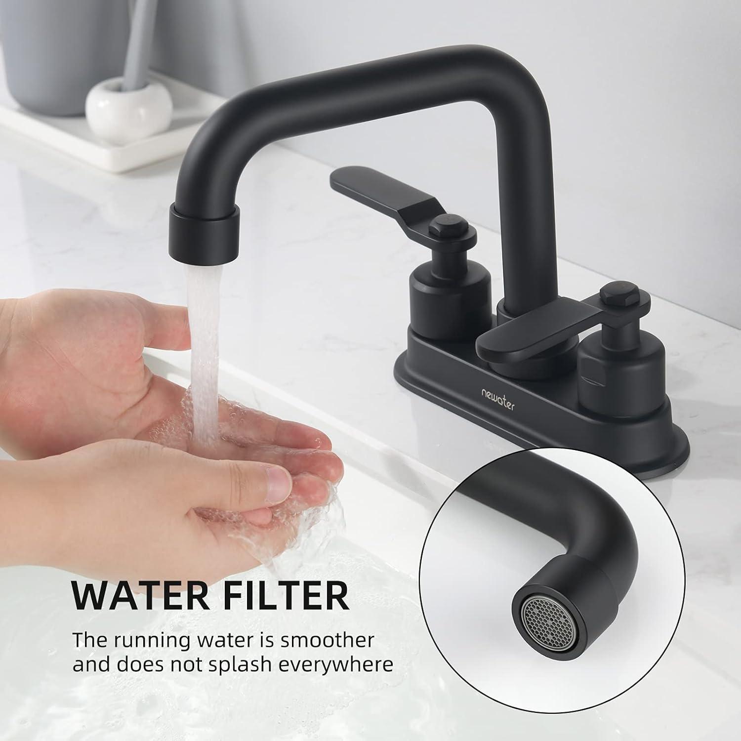 Tcbosik 2 Handle 4 Inch Bathroom Faucet, 3 Hole Centerset Vanity Sink Faucet with Pop Up Drain and Water Supply Lines, Matte Black