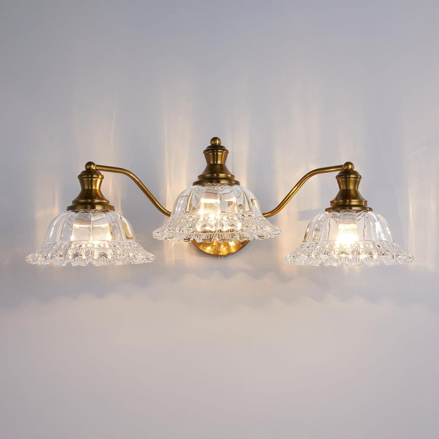 Matte Antique Brass 3-Light Vanity Fixture with Crystal Glass Shades