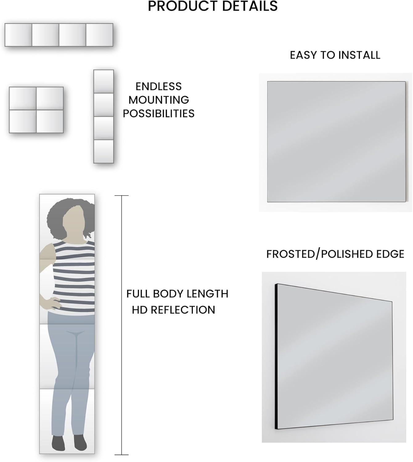 Dulles Glass Frameless Wall Mirror Tiles - 12''x 10'' Large Full Body Mirror for Home Gym, Bedroom, Door, Bathroom, 4 Pack