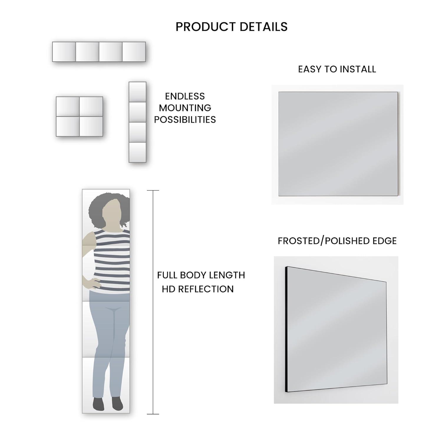 Dulles Glass Frameless Wall Mirror Tiles - 12''x 10'' Large Full Body Mirror for Home Gym, Bedroom, Door, Bathroom, 4 Pack