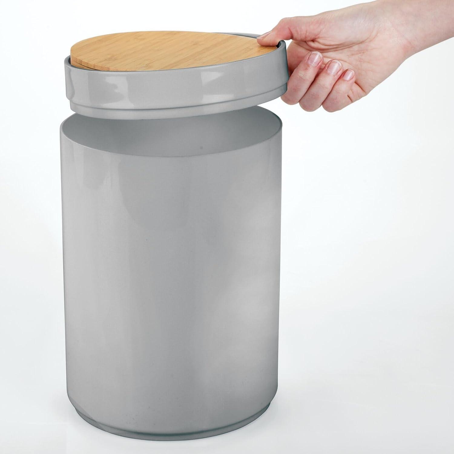 mDesign Plastic Round Trash Can Small with Swing-Close Lid - Gray/Natural