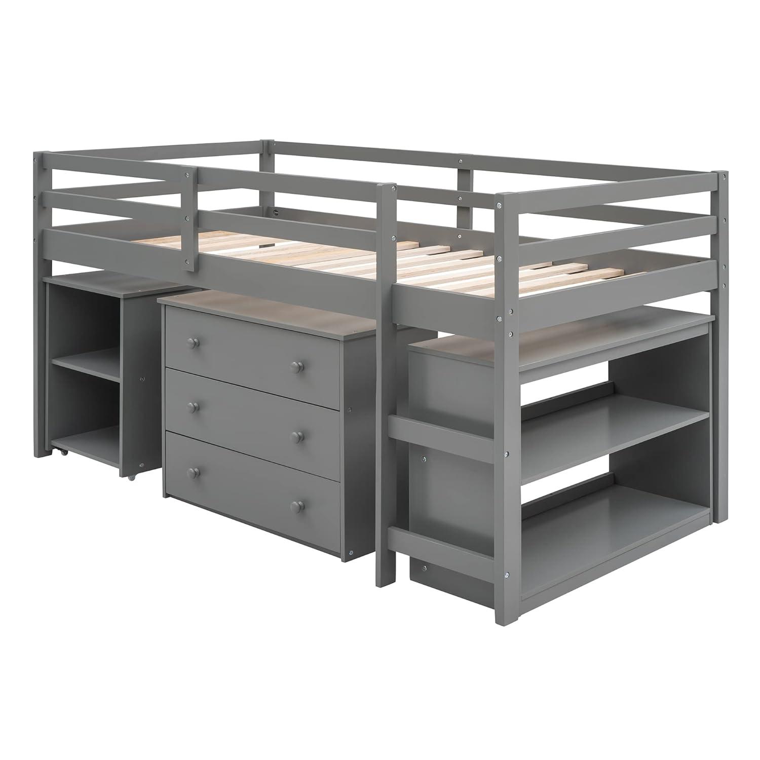Harper & Bright Designs Twin Loft Bed with Cabinet and Rolling Portable Desk, Wooden Low Study Loft Bed with Drawers, Gray