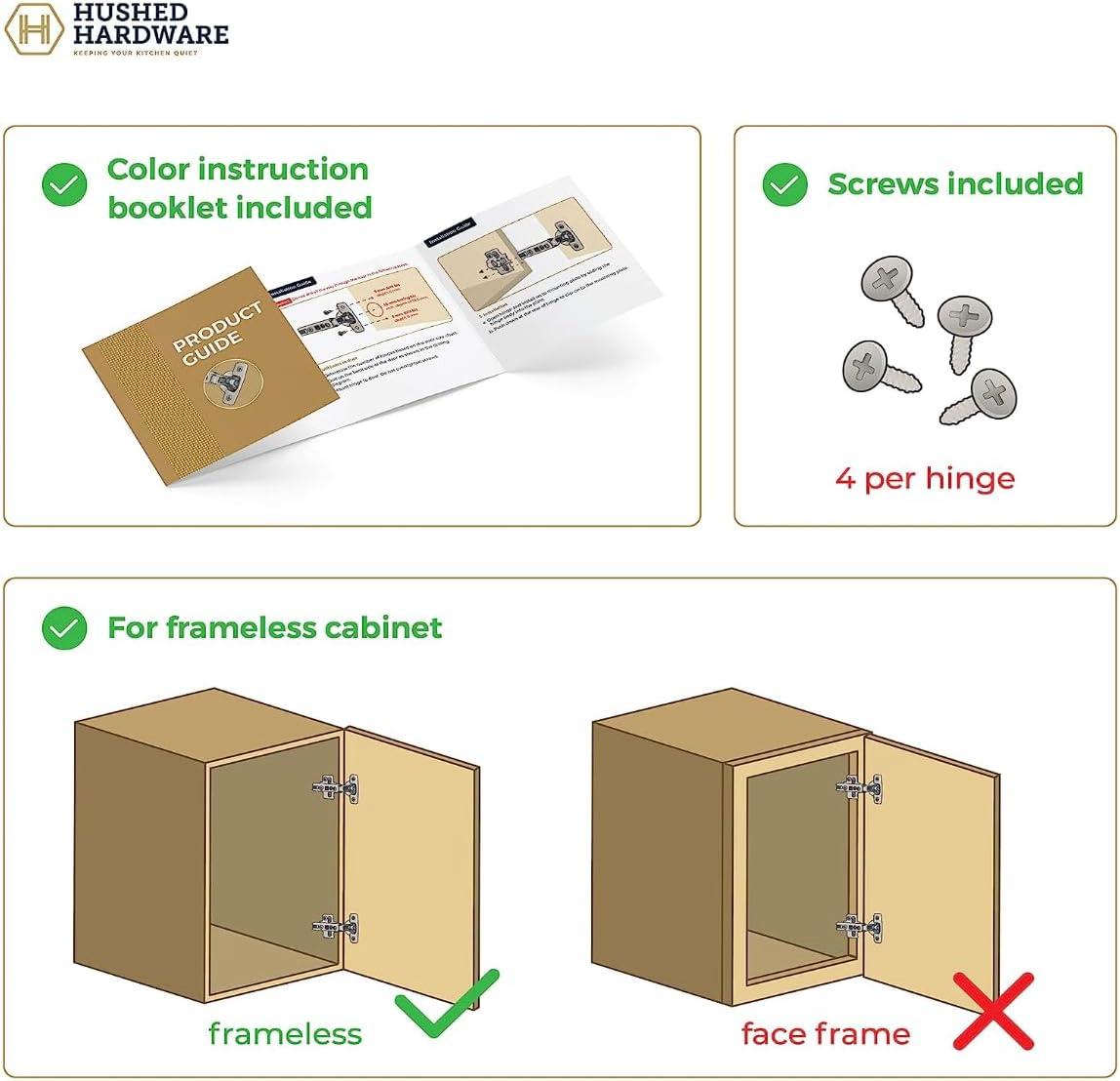 Soft Close Cabinet Hinge Set. 20 Frameless Full Overlay Cabinet Hinges for Kitchen Cabinets with Adjustable Closing Speeds.