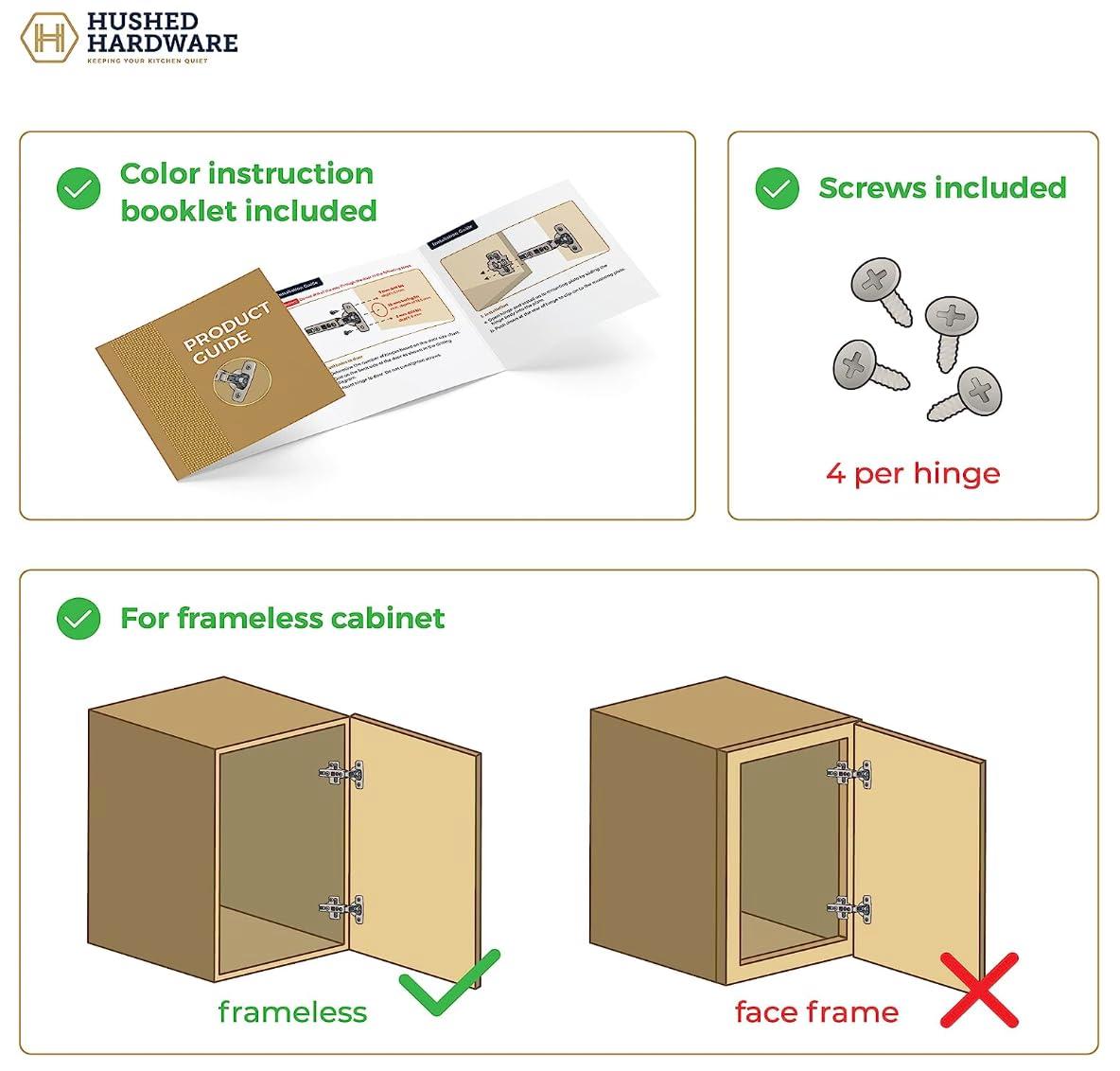 Soft Close Cabinet Hinge Set. 20 Frameless Full Overlay Cabinet Hinges for Kitchen Cabinets with Adjustable Closing Speeds.