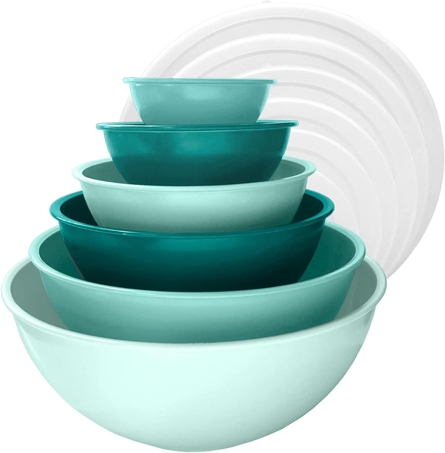 edge Plastic Mixing Bowls 12 Piece Nesting Set 6 Prep Bowls and 6 Lids, for Baking, Cooking and Storing, Tonal Mint