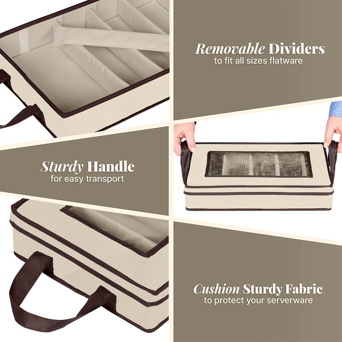 Windowed Flatware Storage Chest, 5 Compartment Storage with Serving Utensil Pouch, Canvas with Brown Trim