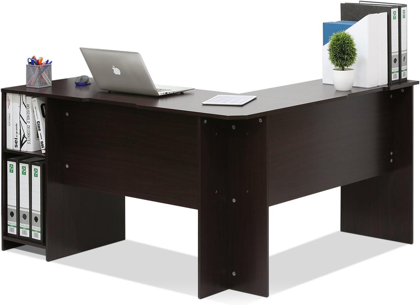 Furinno L-Shaped Computer Desk Study Gaming Table Corner Workstation with Open Bookshelves,Espresso