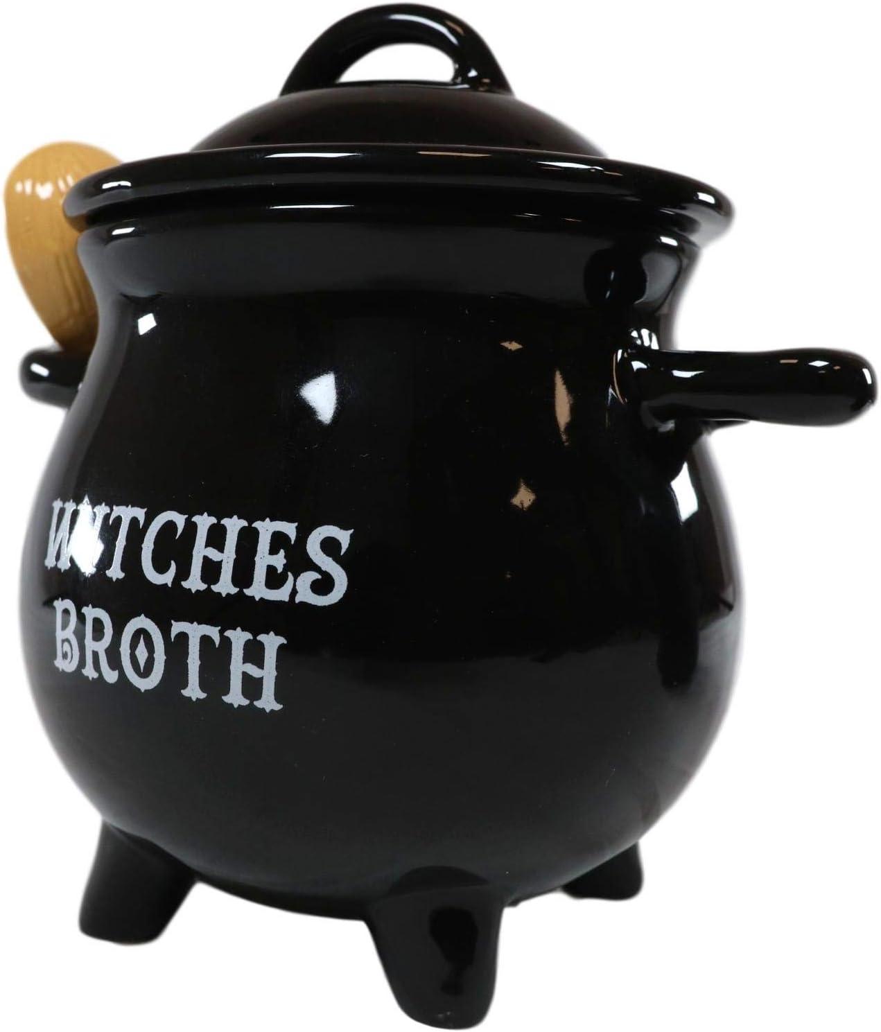 Pacific Giftware Witches Broth Cauldron Ceramic Bowl with Broom Spoon