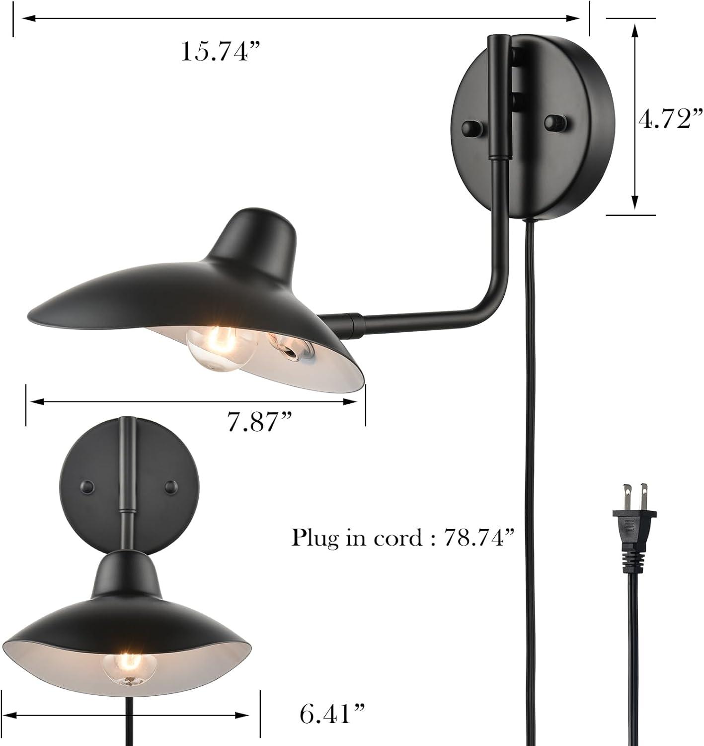 Plug in Wall Sconces Set of Two Black Swing Arm Wall Lamp with Plug-in Cord Adjustable Wall Light for Bedroom Living Room Study Room Home Office