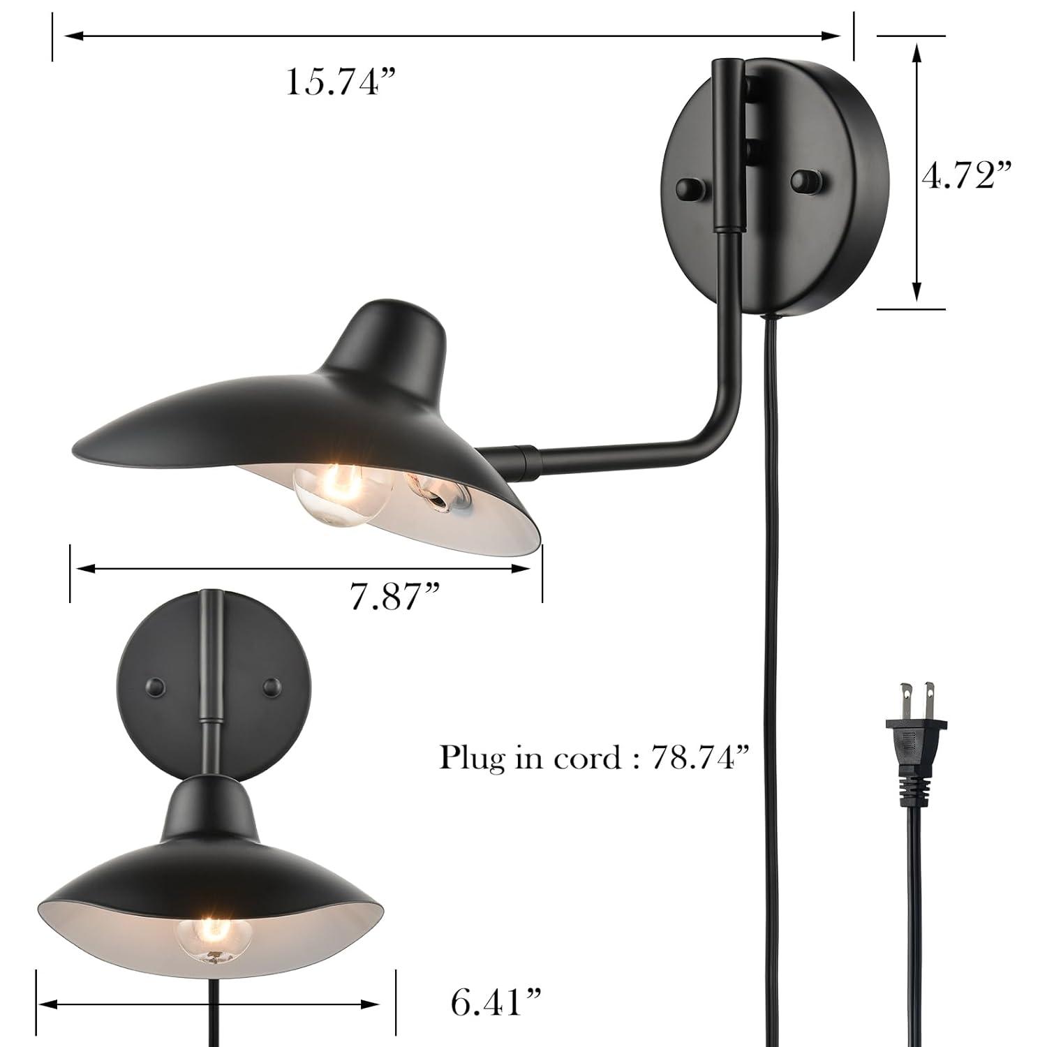 Plug in Wall Sconces Set of Two Black Swing Arm Wall Lamp with Plug-in Cord Adjustable Wall Light for Bedroom Living Room Study Room Home Office