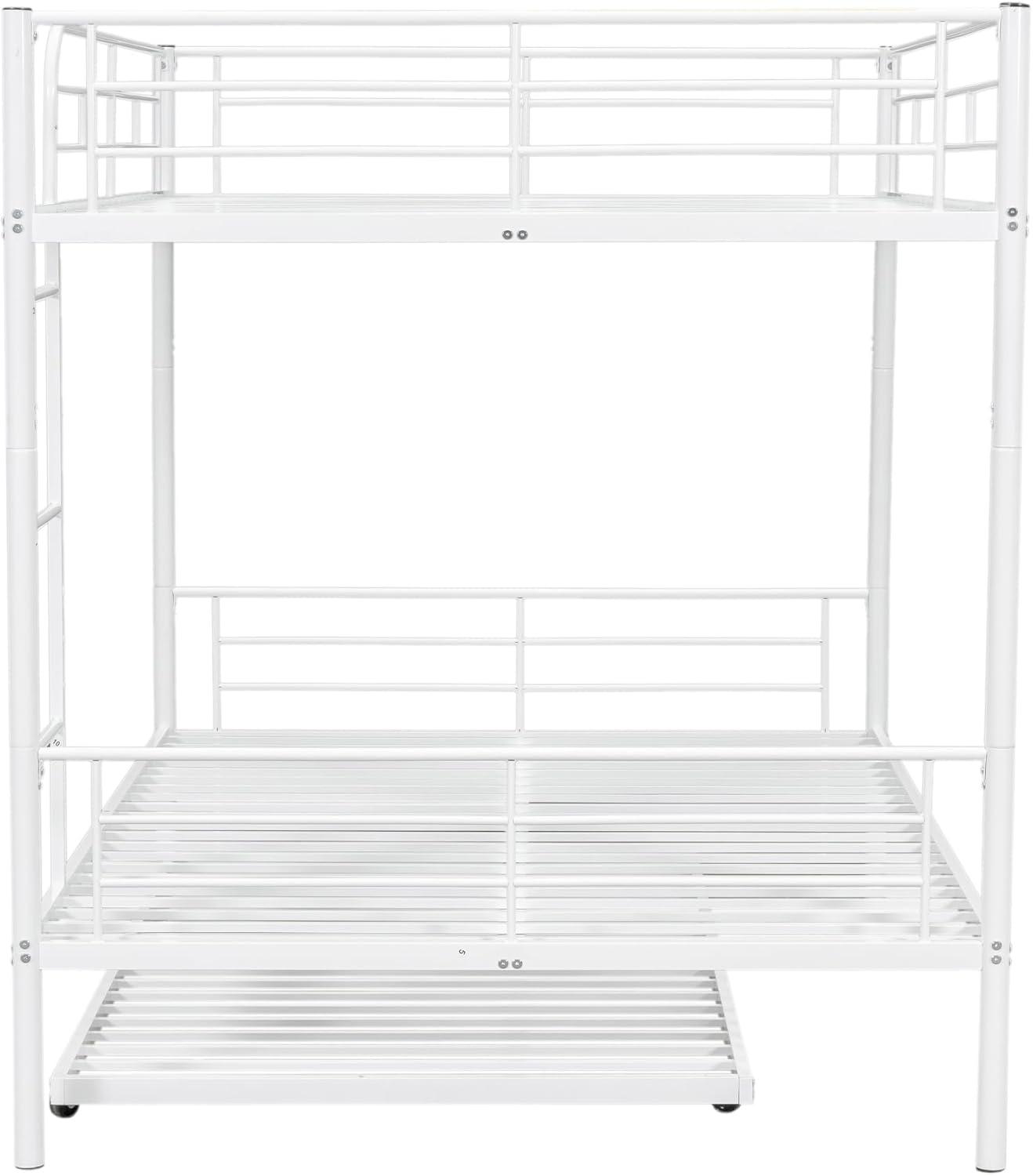 Harper & Bright Designs Full Over Full Metal Bunk Bed with Trundle, Ladder & High Guardrail, Able to Split, Noise Free, Heavy-Duty Steel Loft Bed Frame with Safety Rail for Bedroom, Dorm (White)