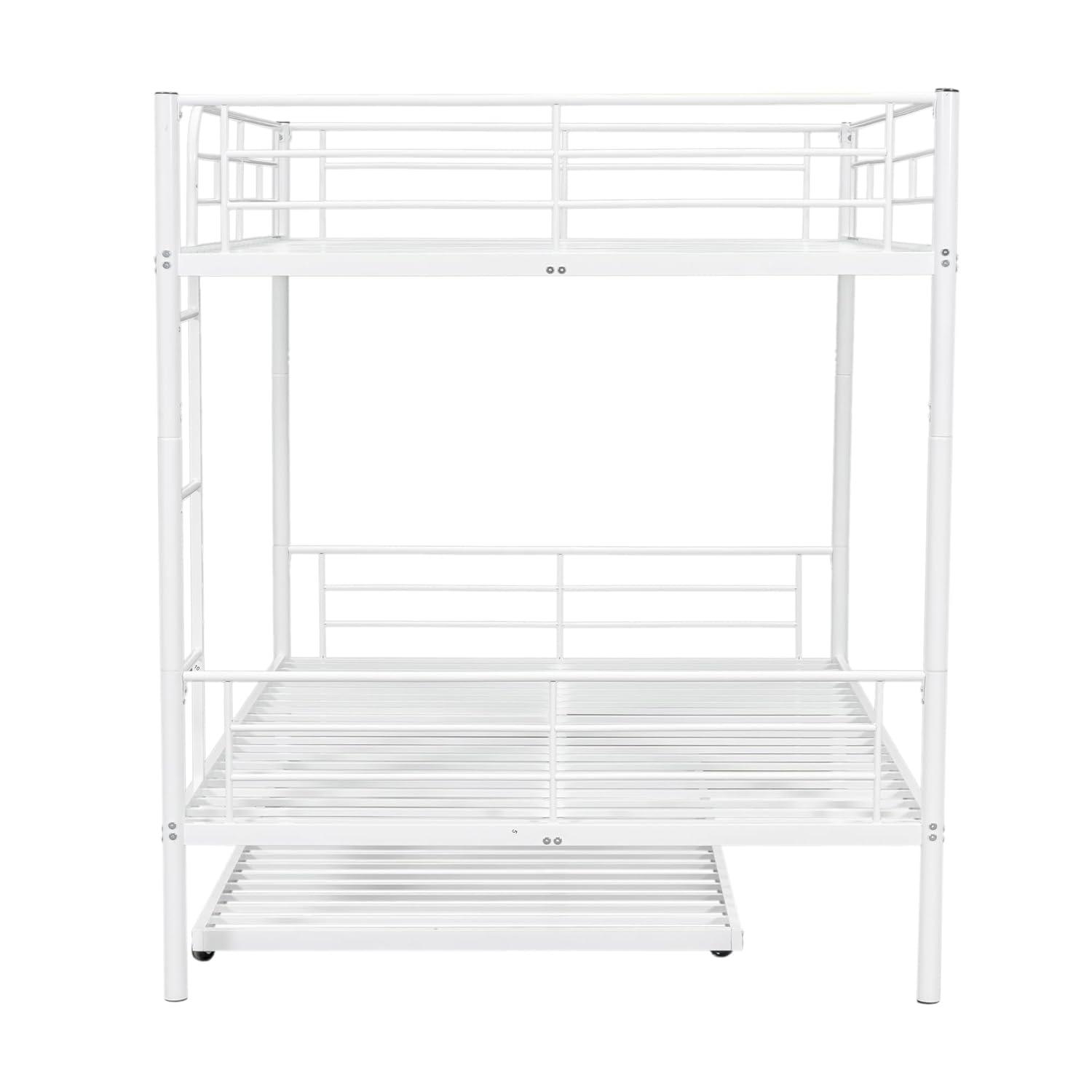 Harper & Bright Designs Full Over Full Metal Bunk Bed with Trundle, Ladder & High Guardrail, Able to Split, Noise Free, Heavy-Duty Steel Loft Bed Frame with Safety Rail for Bedroom, Dorm (White)