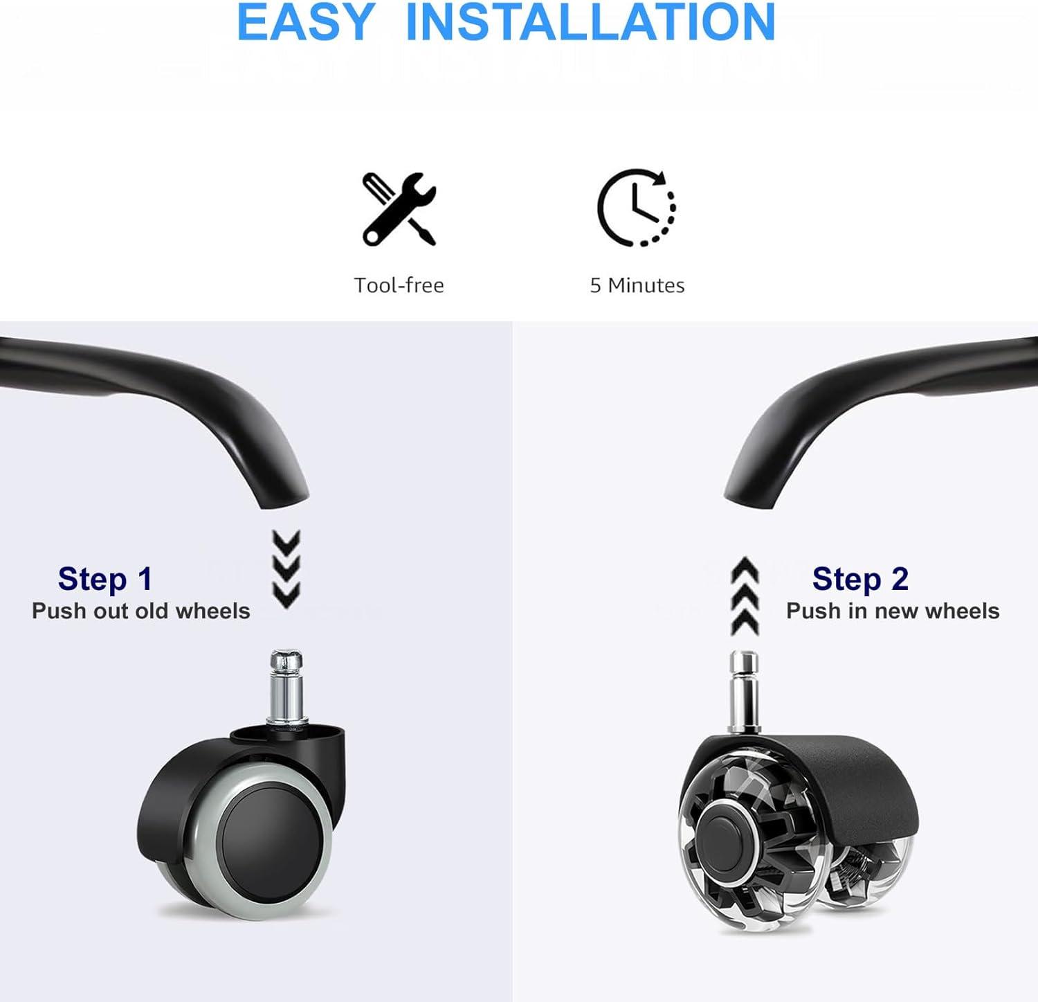 Office Chair Caster Wheels 2" Dual Wheels Set of 5 for Tile and Hardwood Floors, Universal Fit for Most Chairs (Transparent)