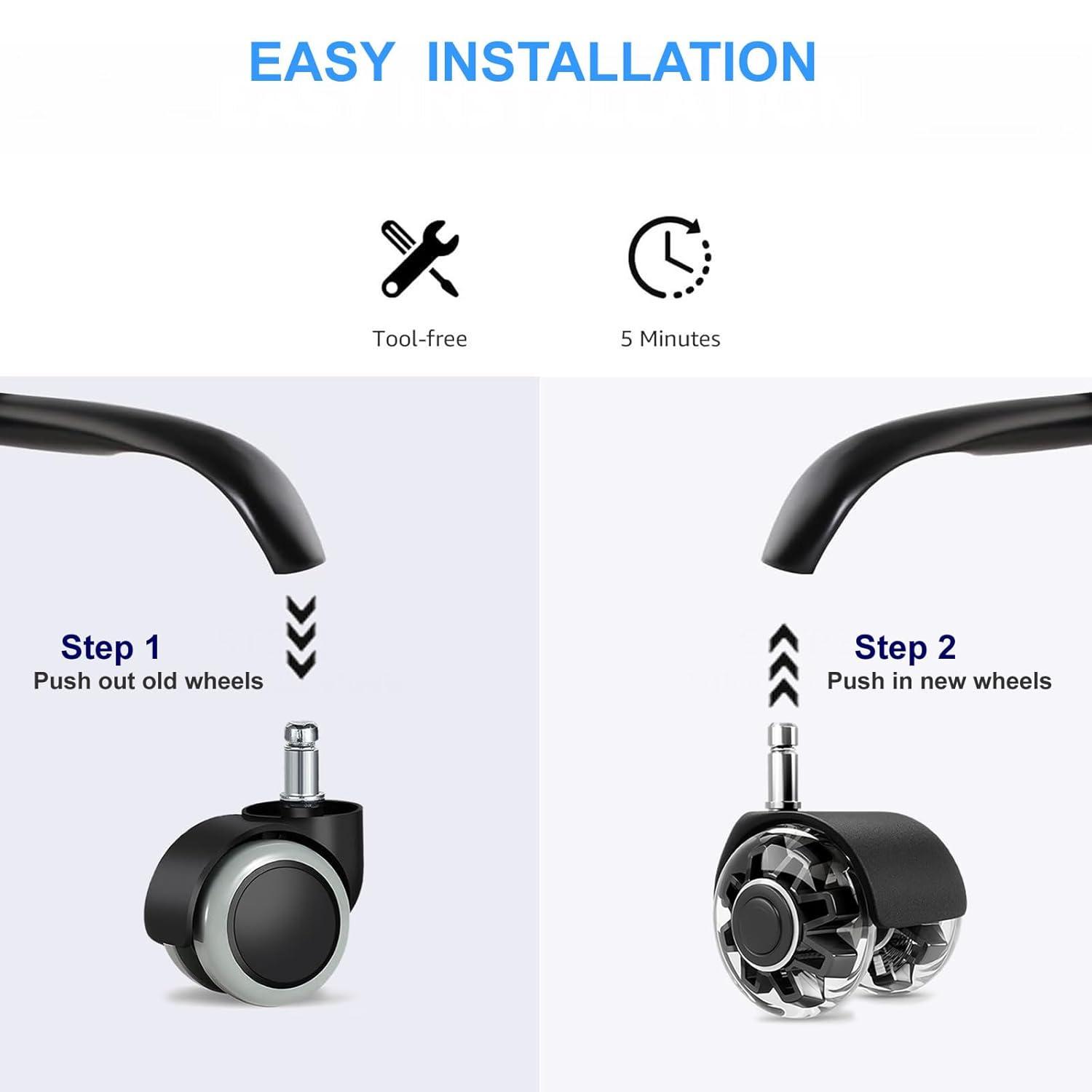 Office Chair Caster Wheels 2" Dual Wheels Set of 5 for Tile and Hardwood Floors, Universal Fit for Most Chairs (Transparent)