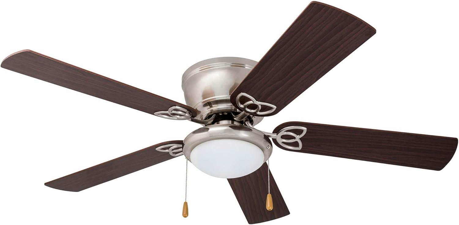 Prominence Home 51428 Benton Hugger/Low Profile Ceiling Fan, 52” Walnut/Maple Blades, LED Globe Light, Brushed Nickel