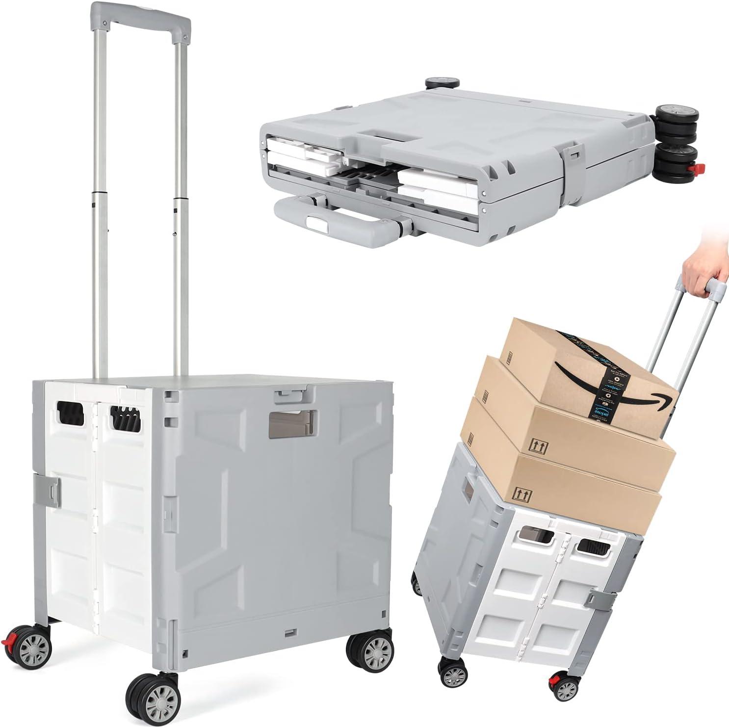 Folding Utility Cart Portable Rolling Crate Hand Truck Teacher Cart Heavy Duty Plastic Telescoping Handle Collapsible Hidden Lid Swivel Wheels for Travel Shopping Moving Office Use(Gray White)