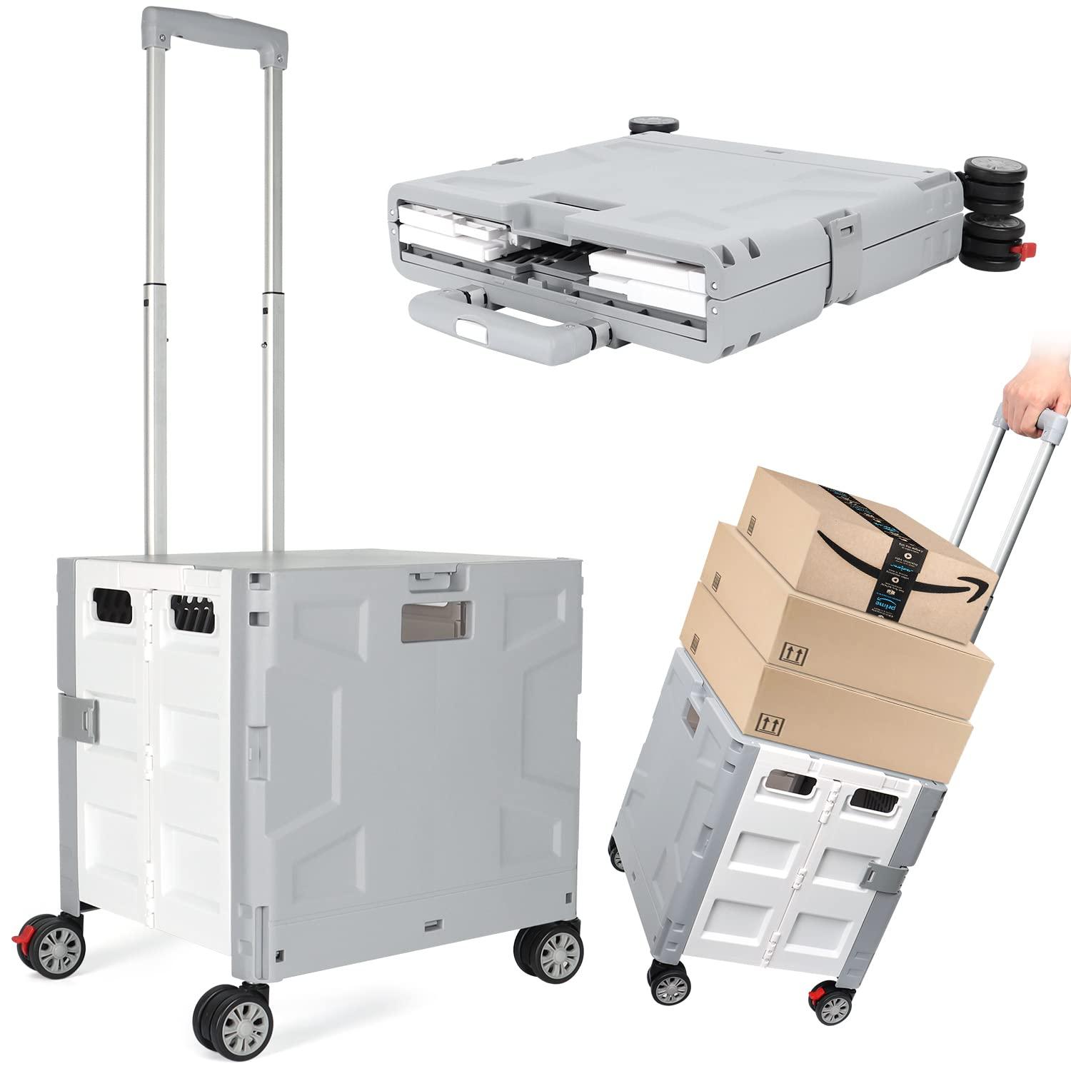 Folding Utility Cart Portable Rolling Crate Hand Truck Teacher Cart Heavy Duty Plastic Telescoping Handle Collapsible Hidden Lid Swivel Wheels for Travel Shopping Moving Office Use(Gray White)