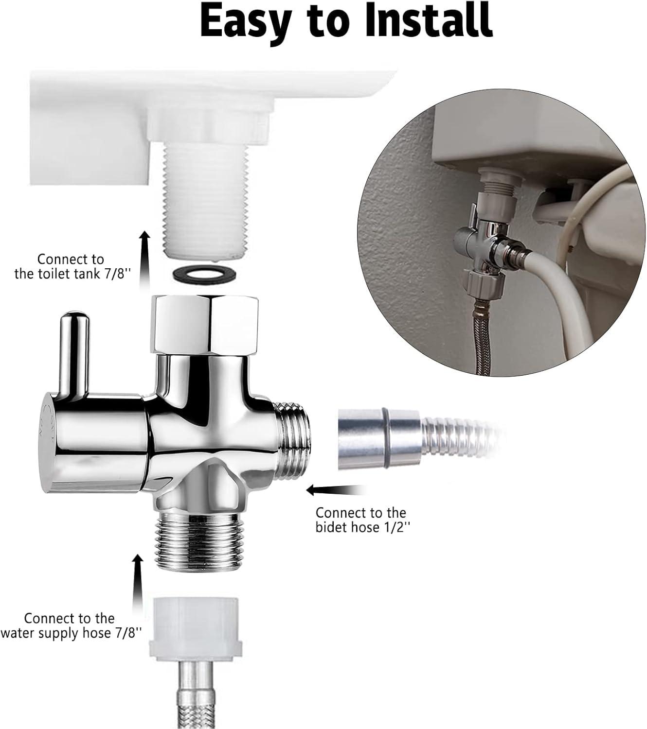 Bidet T Adapter with Shut-off Valve: 3 Way Brass T-valve for Bidet 7/8”X 7/8”X 1/2” - Tee Connector Leakproof Adjust Water Pressure Bidet Toilet Attachment Bathroom Installation