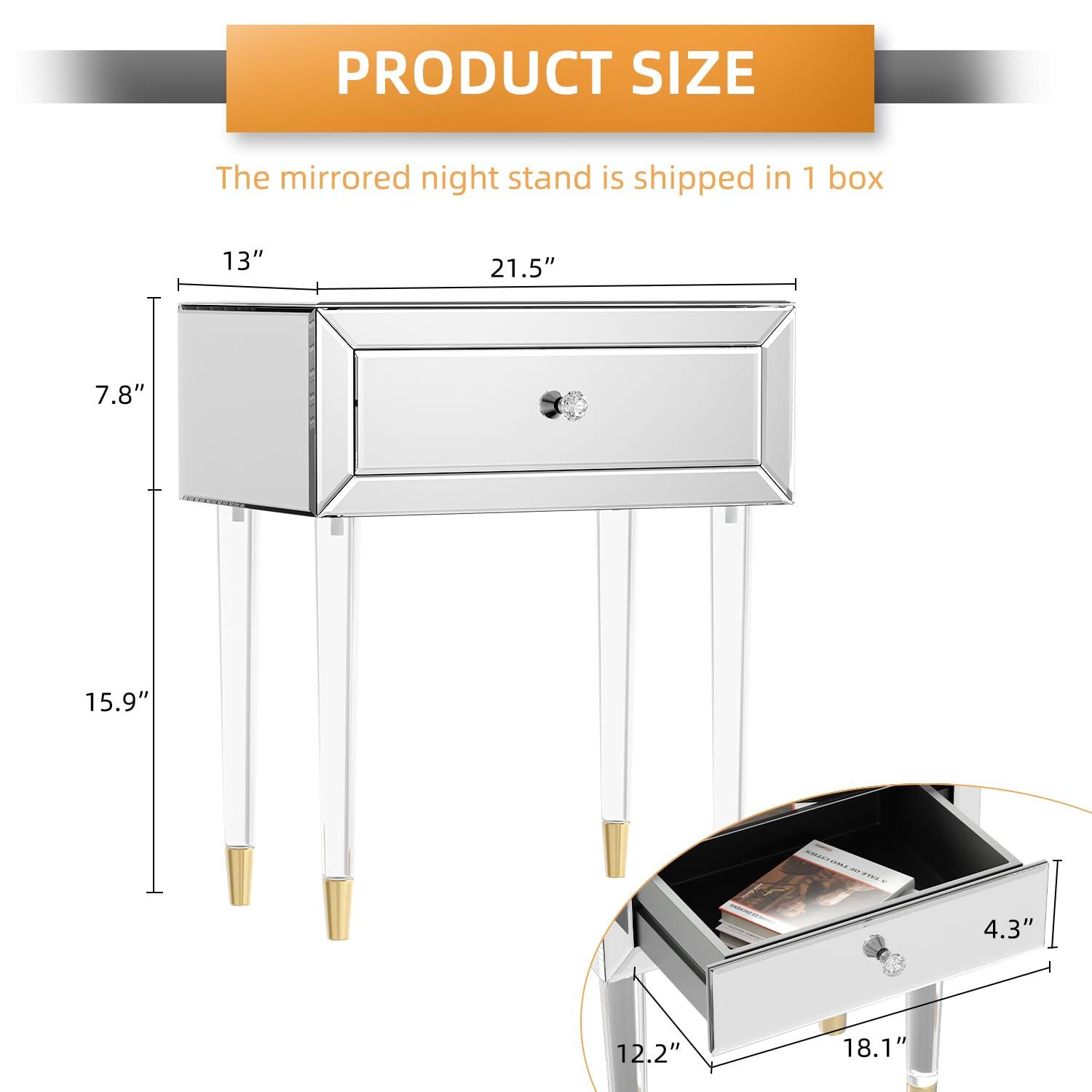 Mirrored Nightstand, Modern End Table with Drawer, Bedside Tables with Acrylic Legs for Bedroom, Living Room, Silver