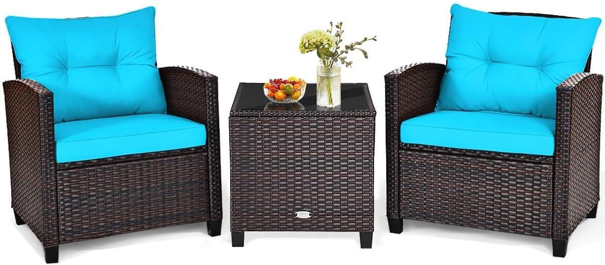 Giantex 3 Pieces Patio Furniture Set, PE Rattan Wicker 3 Pcs Outdoor Sofa Set w/Washable Cushion and Tempered Glass Tabletop, Conversation Furniture for Garden Poolside Balcony (Turquosize)