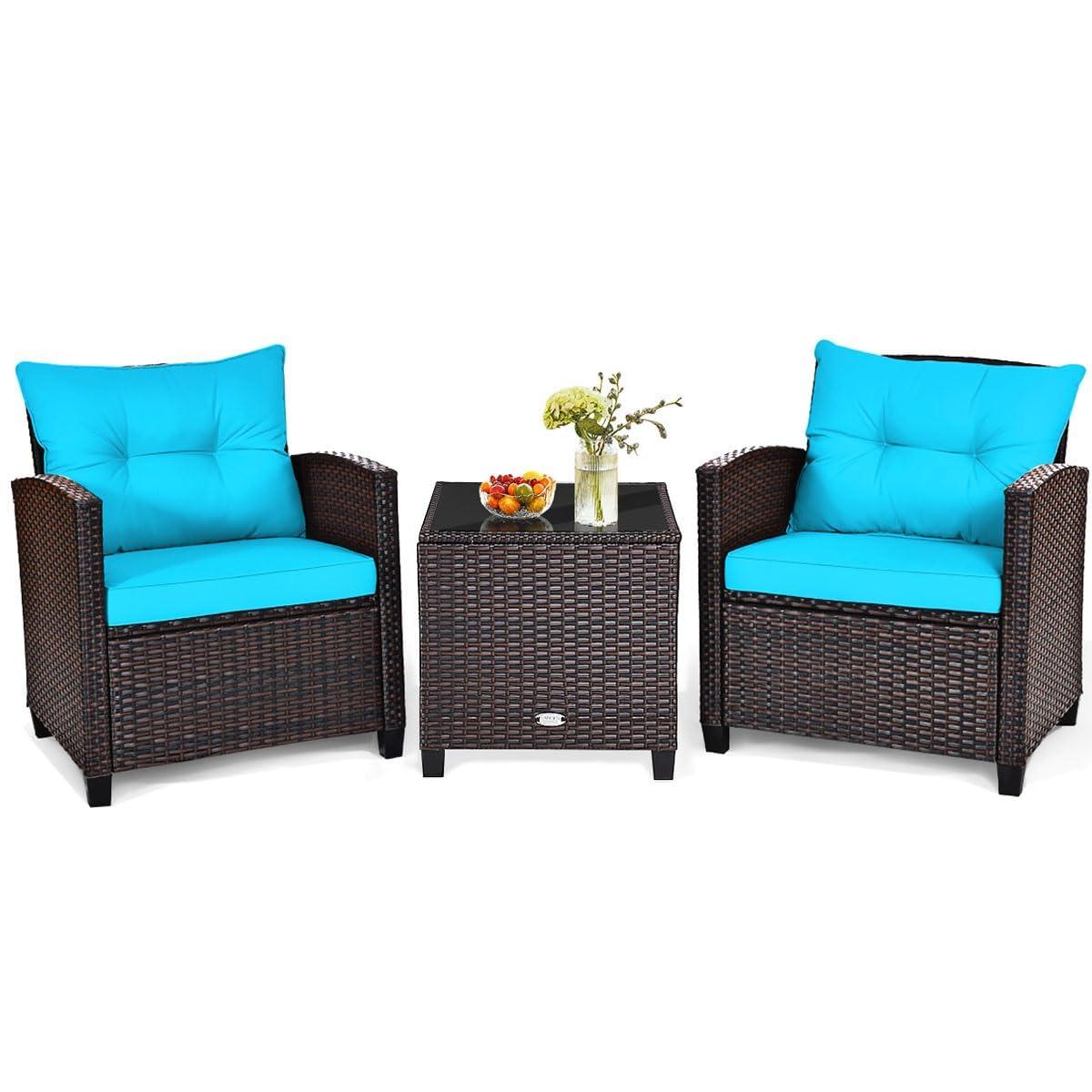 Giantex 3 Pieces Patio Furniture Set, PE Rattan Wicker 3 Pcs Outdoor Sofa Set w/Washable Cushion and Tempered Glass Tabletop, Conversation Furniture for Garden Poolside Balcony (Turquosize)