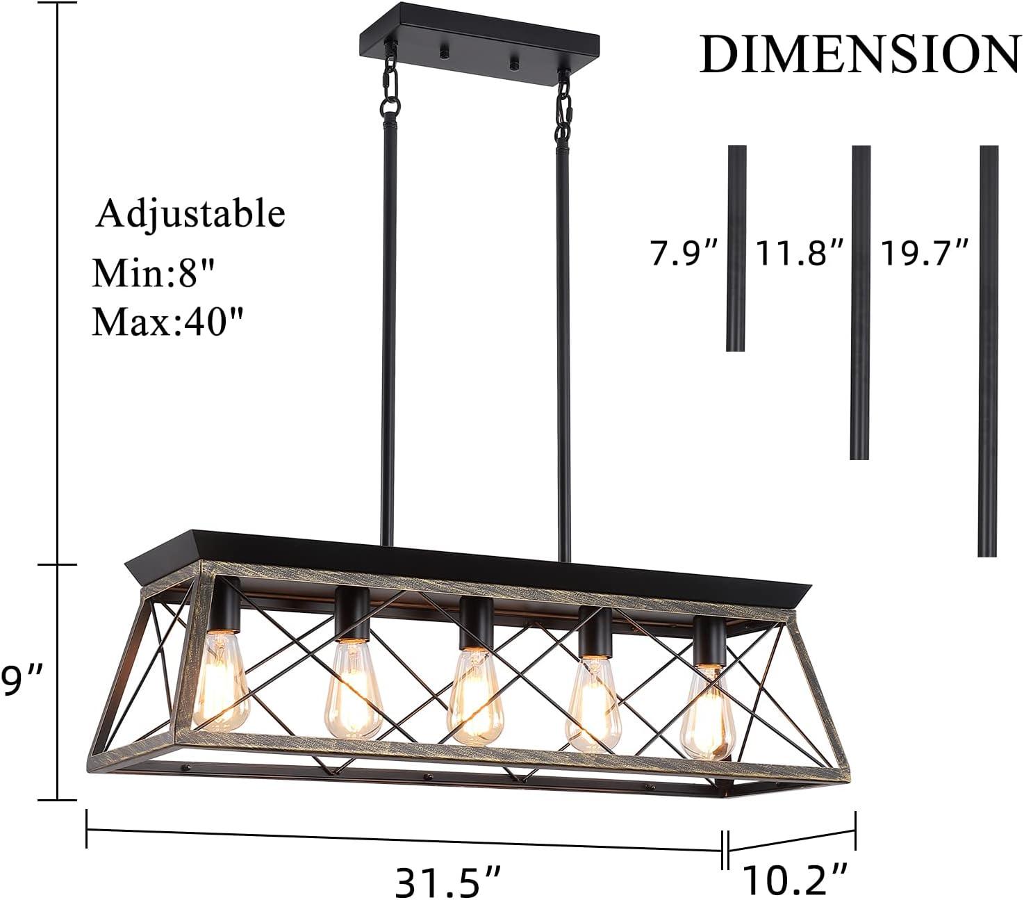 5-Light Farmhouse Chandeliers For Dining Room, Metal Rustic Pendant Island Light Fixture, Modern Rectangular Island Lights For Kitchen, Living Room Pure Black(No Bulbs)